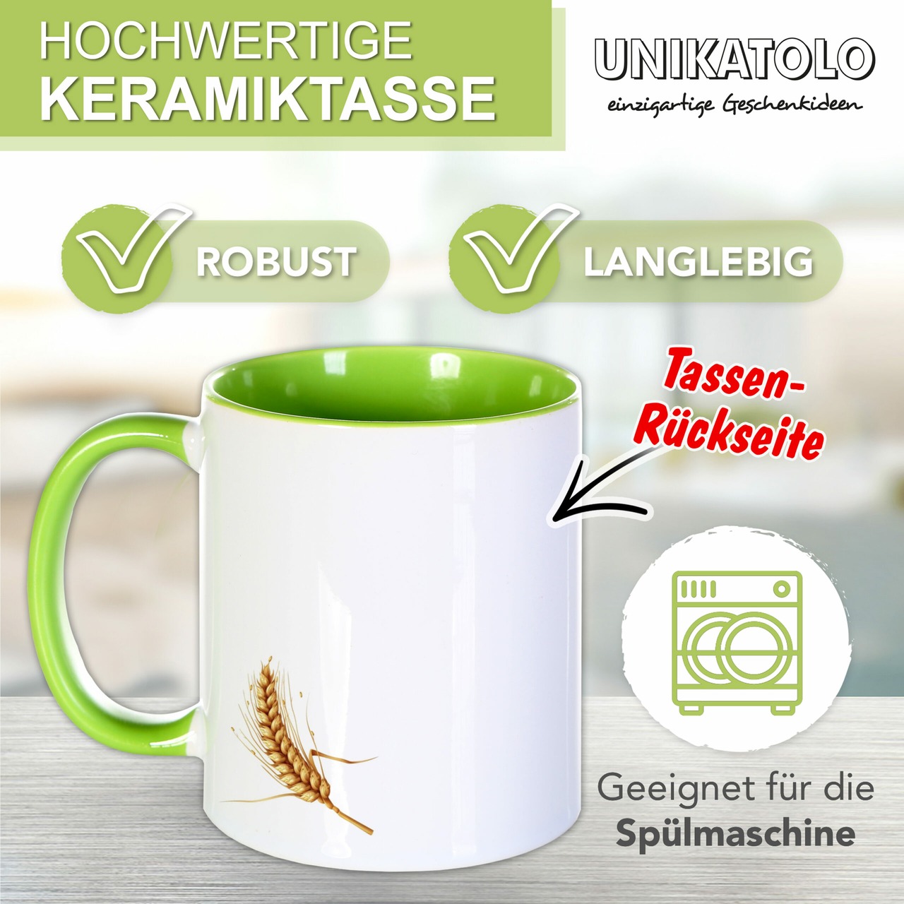 Unikatolo Tasse Schulkind Traktor und Name personalisiert grün
