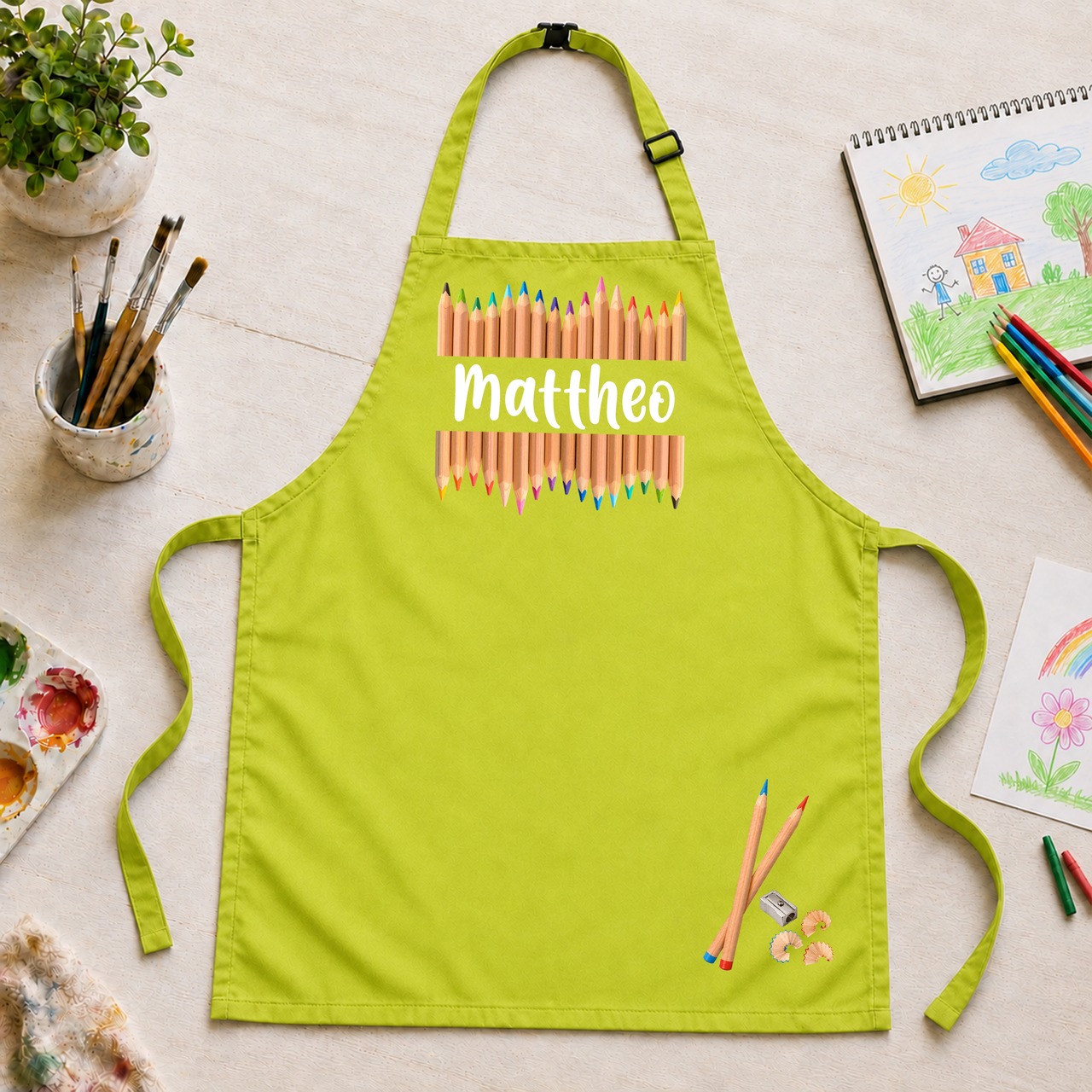 Unikatolo Kinderschürze Buntstifte mit Name personalisiert | GRÜN
