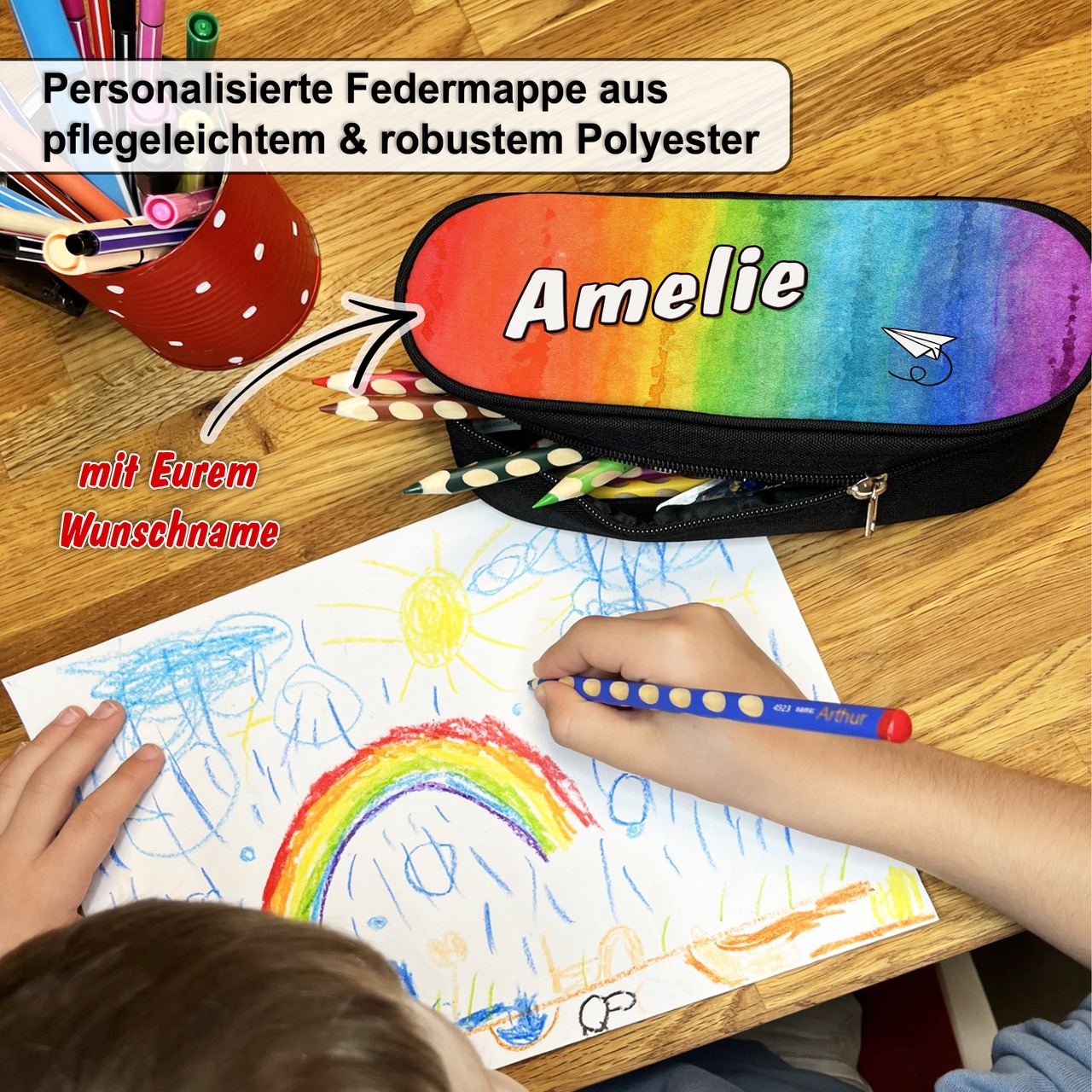 Unikatolo Federmäppchen Regenbogen mit Name personalisiert