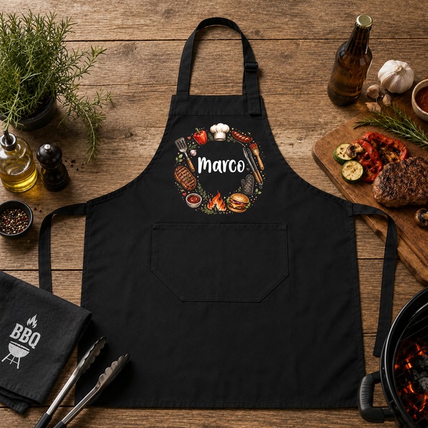 Unikatolo Grillschürze BBQ mit Name personalisiert | SCHWARZ