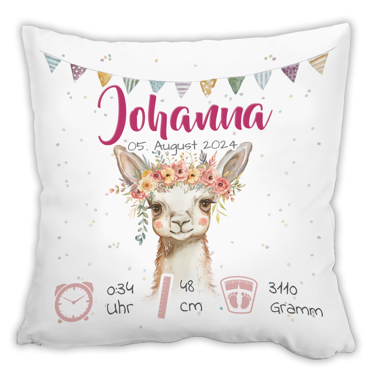 Personalisiertes Kissen zur Geburt mit Geburtsdaten | Alpaka