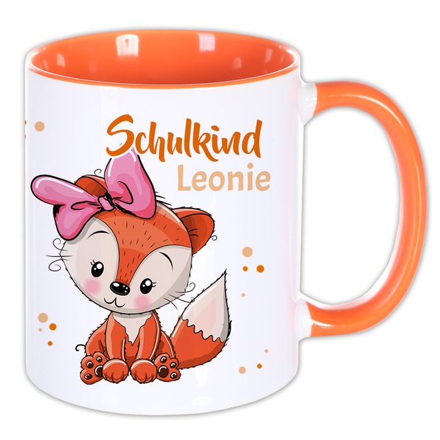Unikatolo Tasse Schulkind Fuchs mit Name bedruckt ORANGE