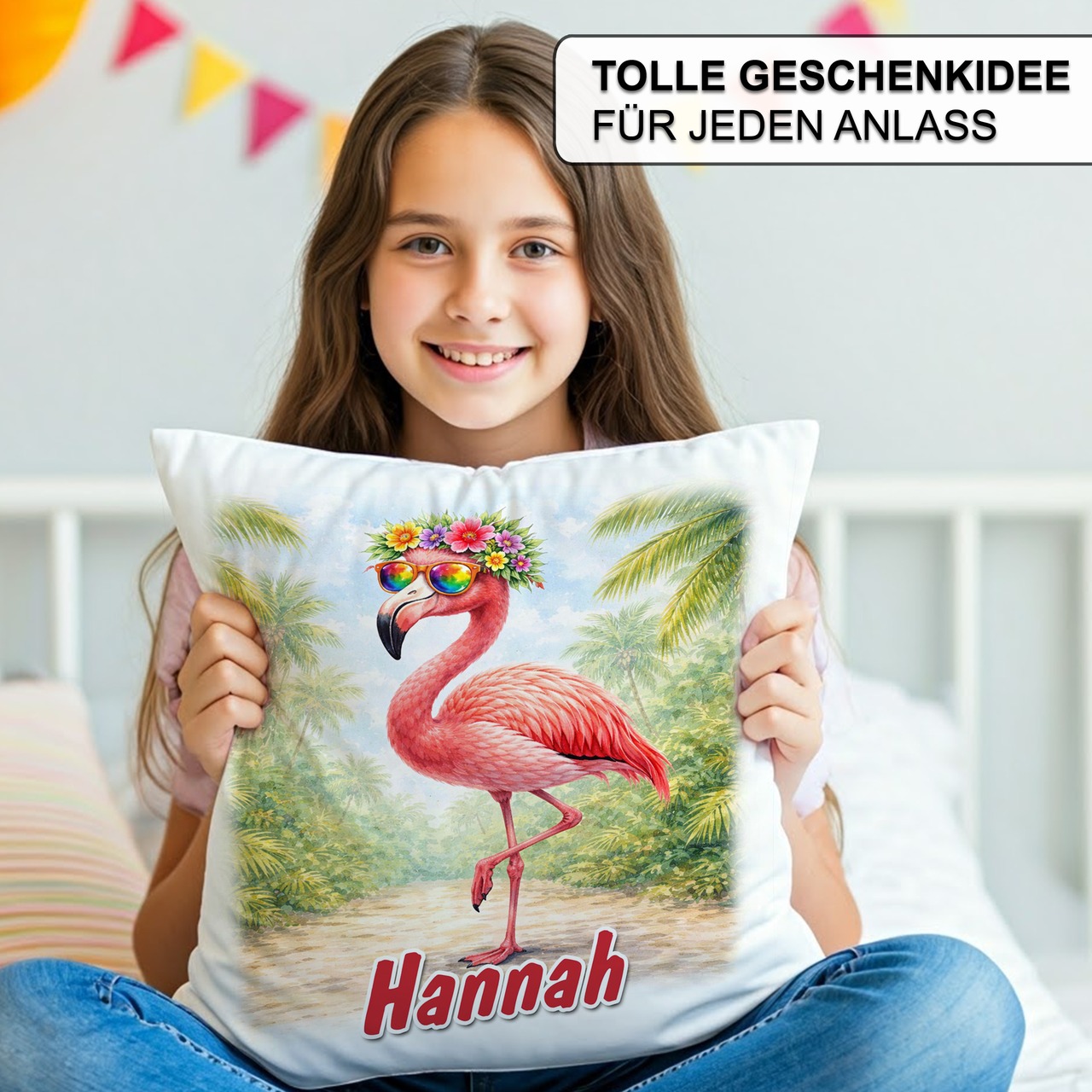 Personalisiertes Kissen mit Flamingo und Name bedruckt