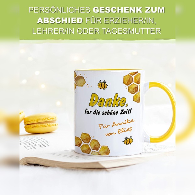 Unikatolo Tasse mit Name personalisiert Motiv Biene KiTa-Abschied