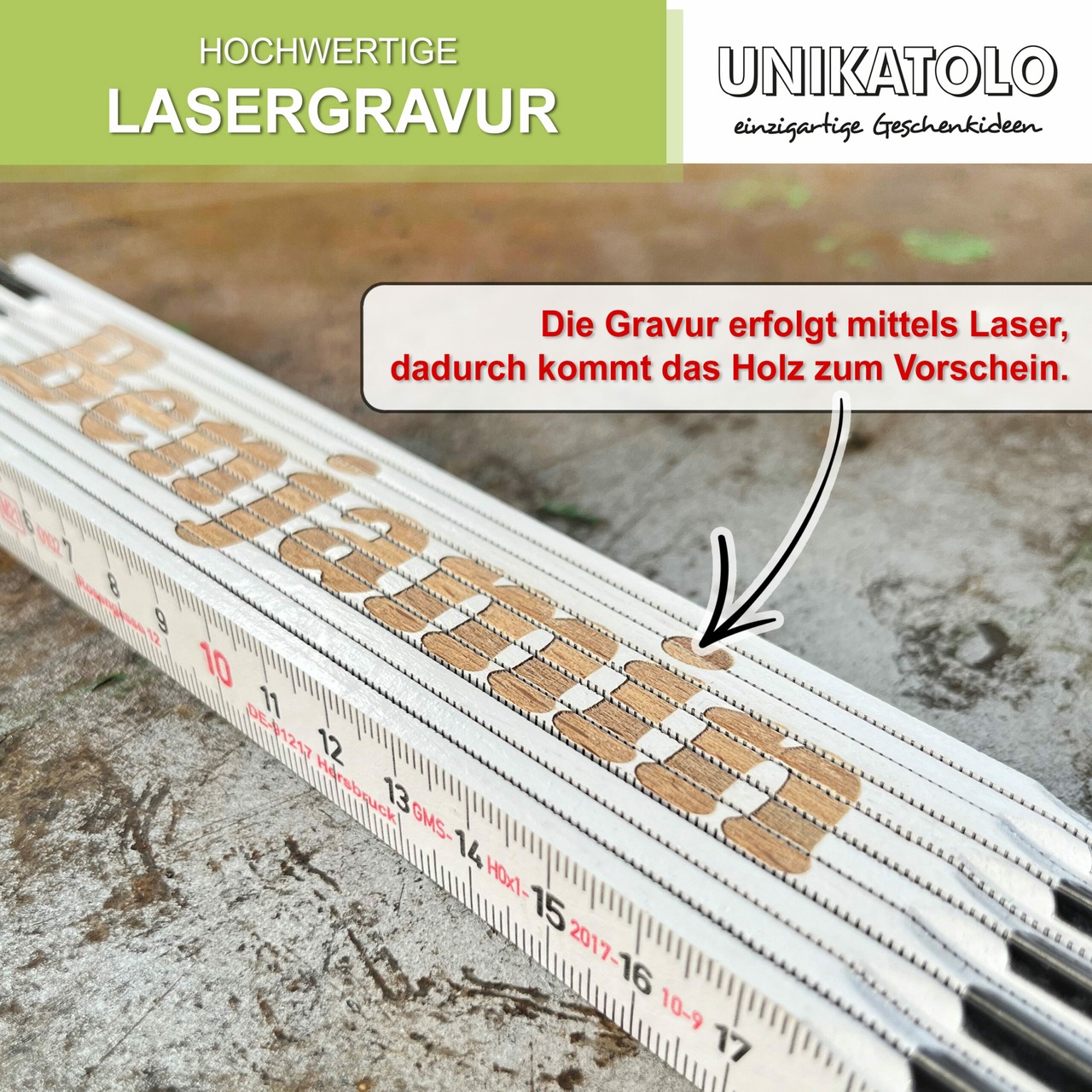 Unikatolo Zollstock weiß Bauherr mit Name graviert