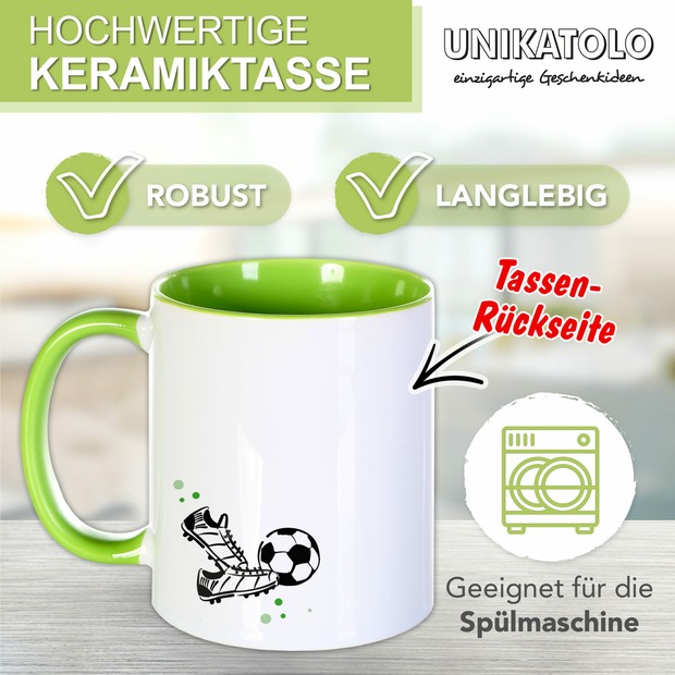Unikatolo Tasse Schulkind Fußball mit Name bedruckt GRÜN