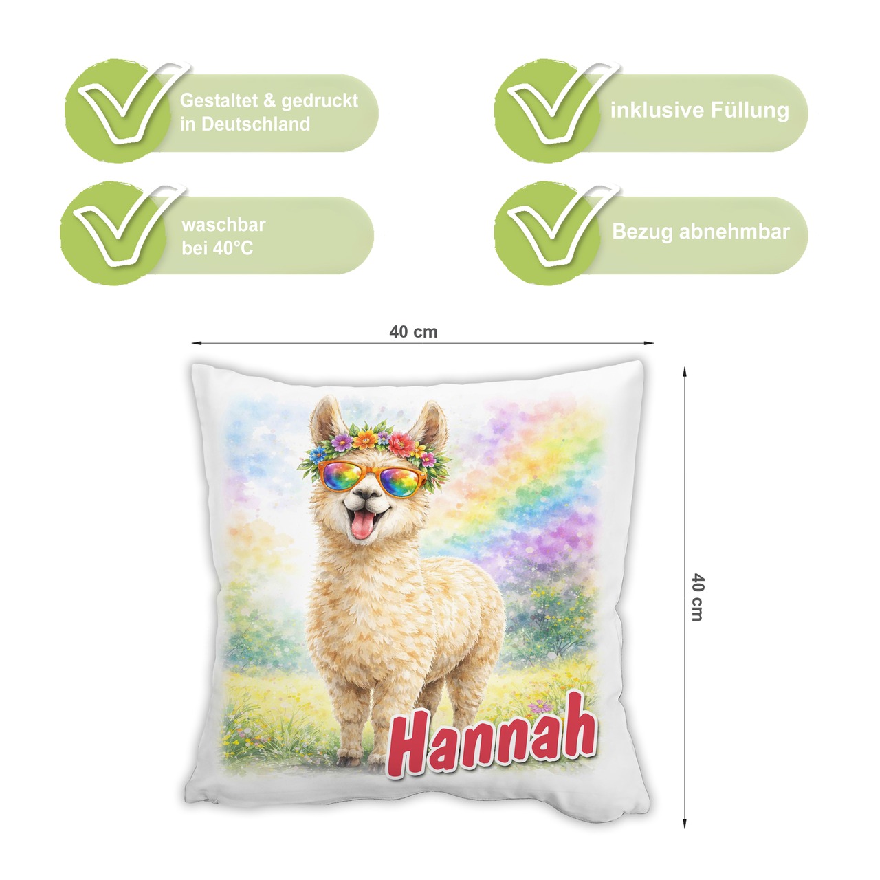 Personalisiertes Kissen mit Alpaka und Name bedruckt