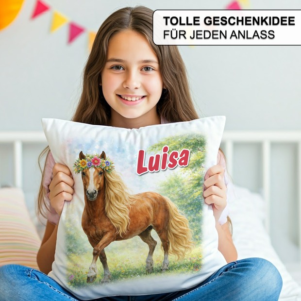 Personalisiertes Kissen mit Pferd und Name bedruckt