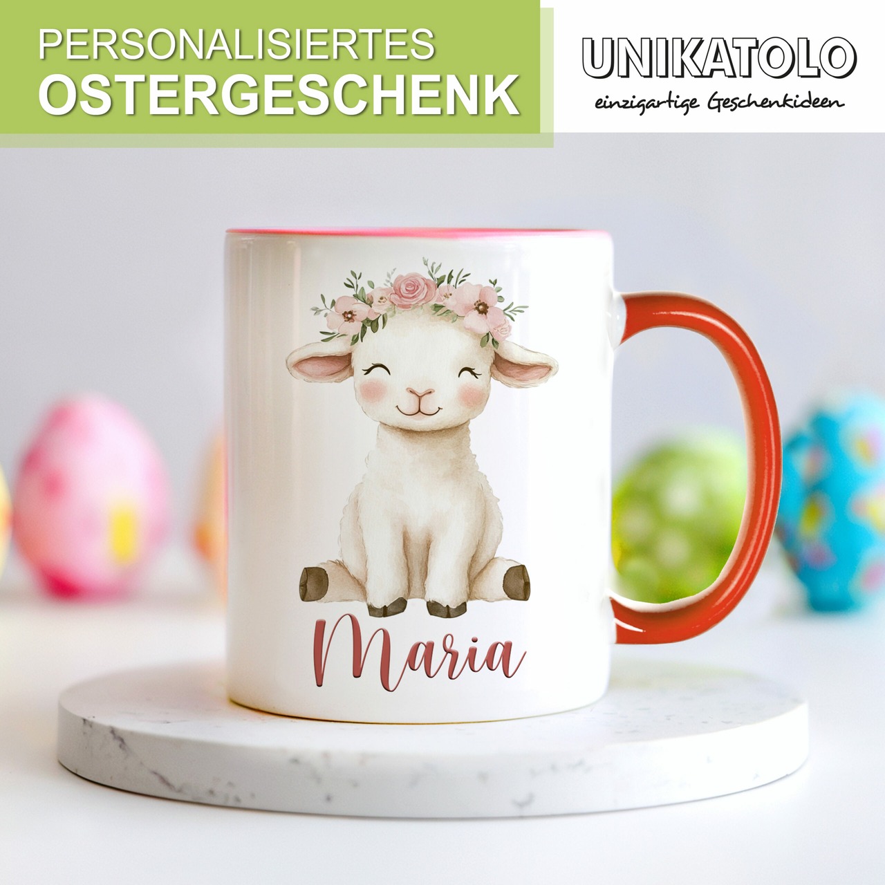 Unikatolo Ostertasse mit Name personalisiert Schaf ROT