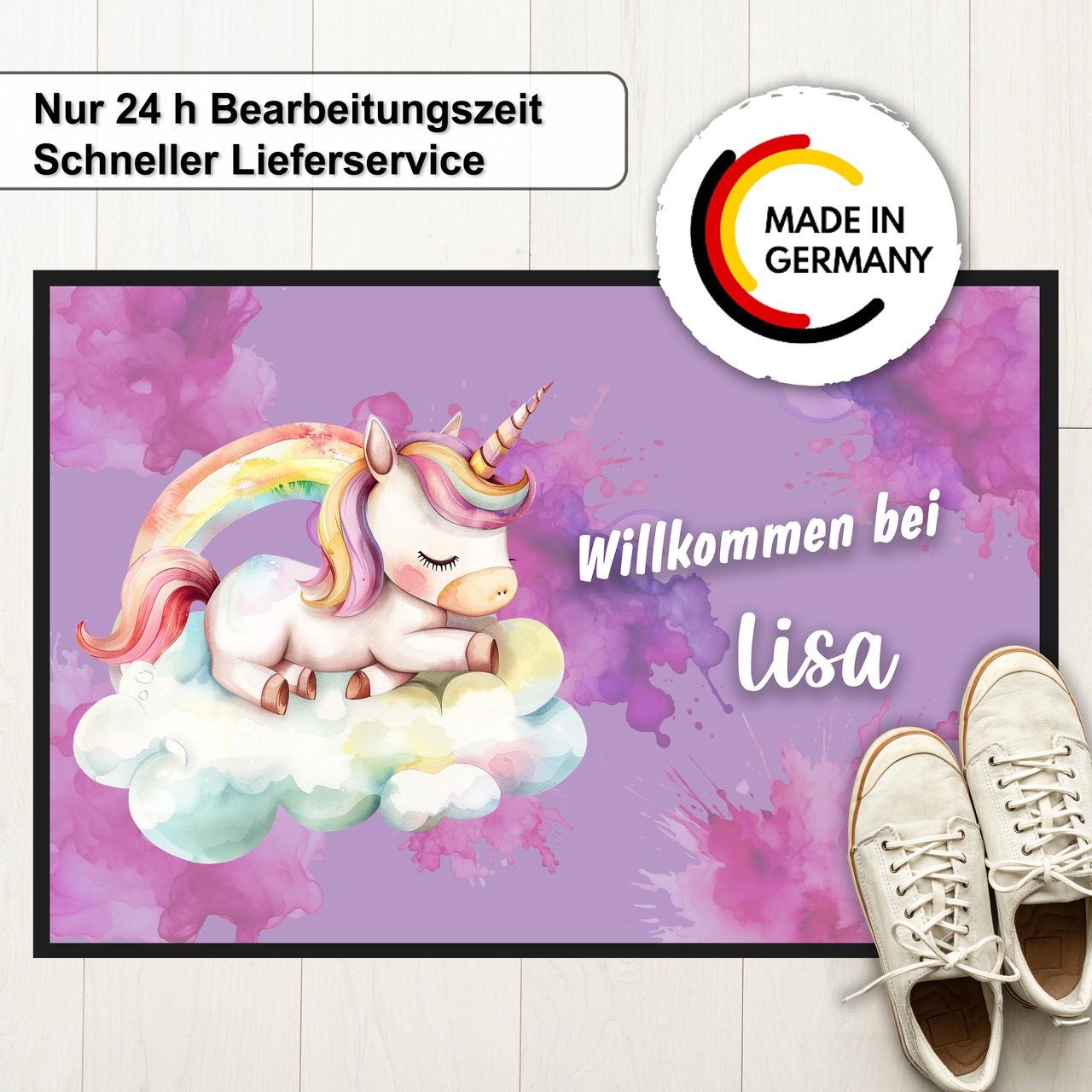 Unikatolo Fußmatte Kinderzimmer Einhornwelt mit Name personalisiert