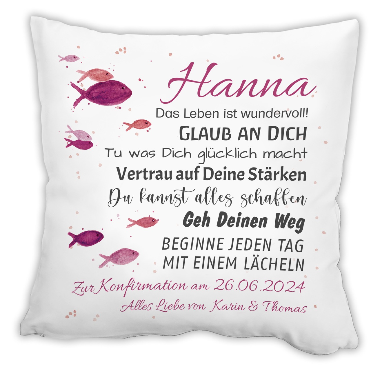 Unikatolo Kissen Konfirmation Jugendweihe PINK mit Name personalisiert