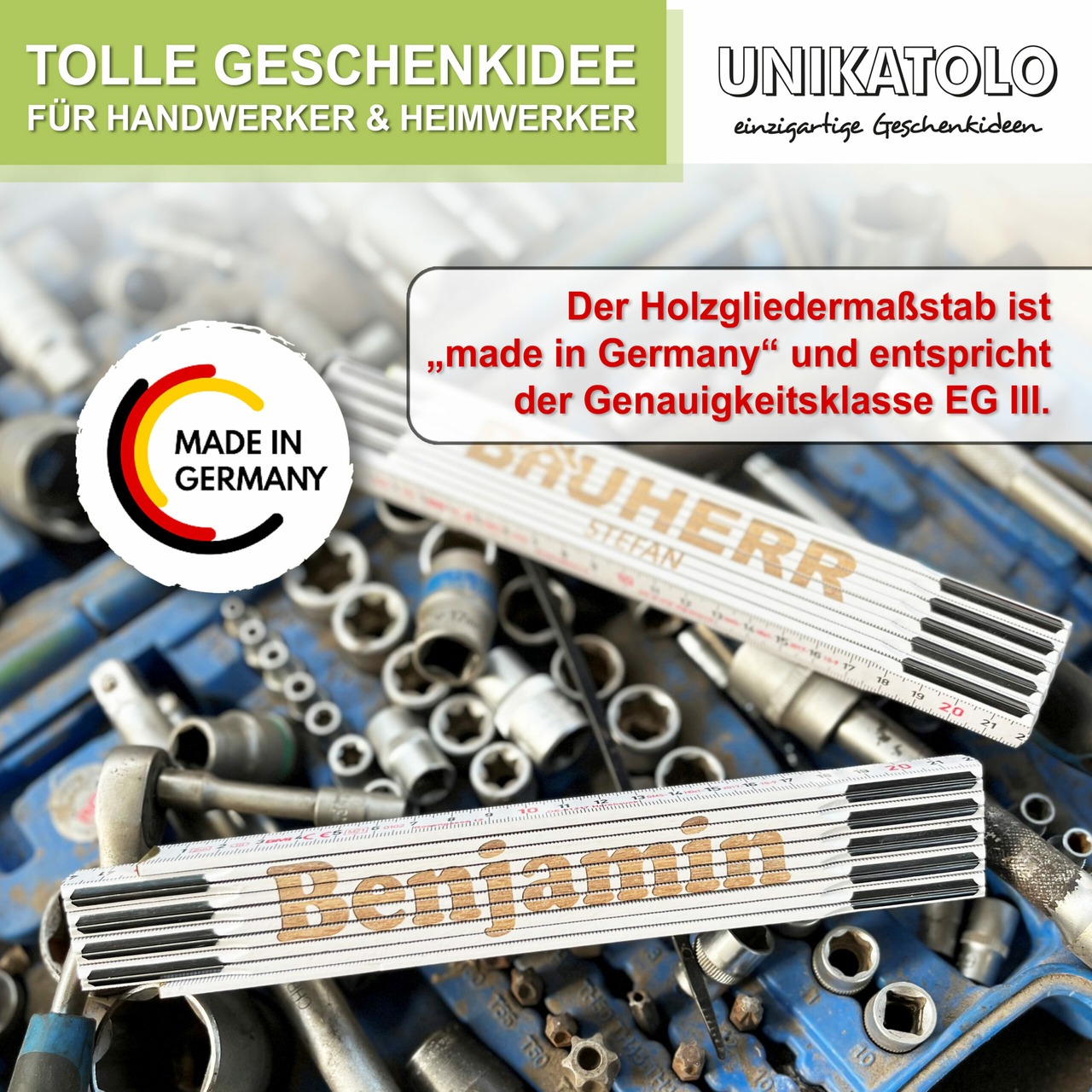 Unikatolo Zollstock weiß Bauherr mit Name graviert