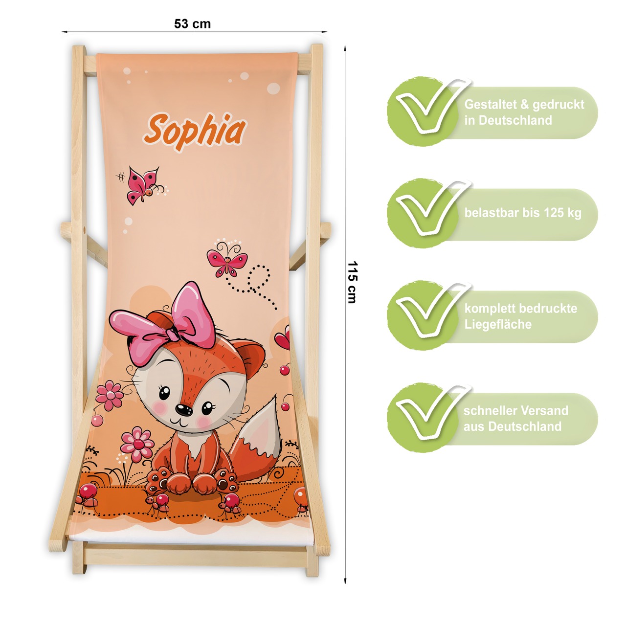 Kinderliegestuhl Fuchs orange mit Name personalisiert