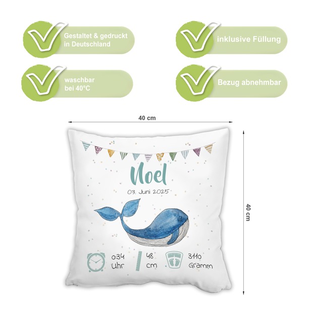 Personalisiertes Kissen zur Geburt mit Geburtsdaten | Wal