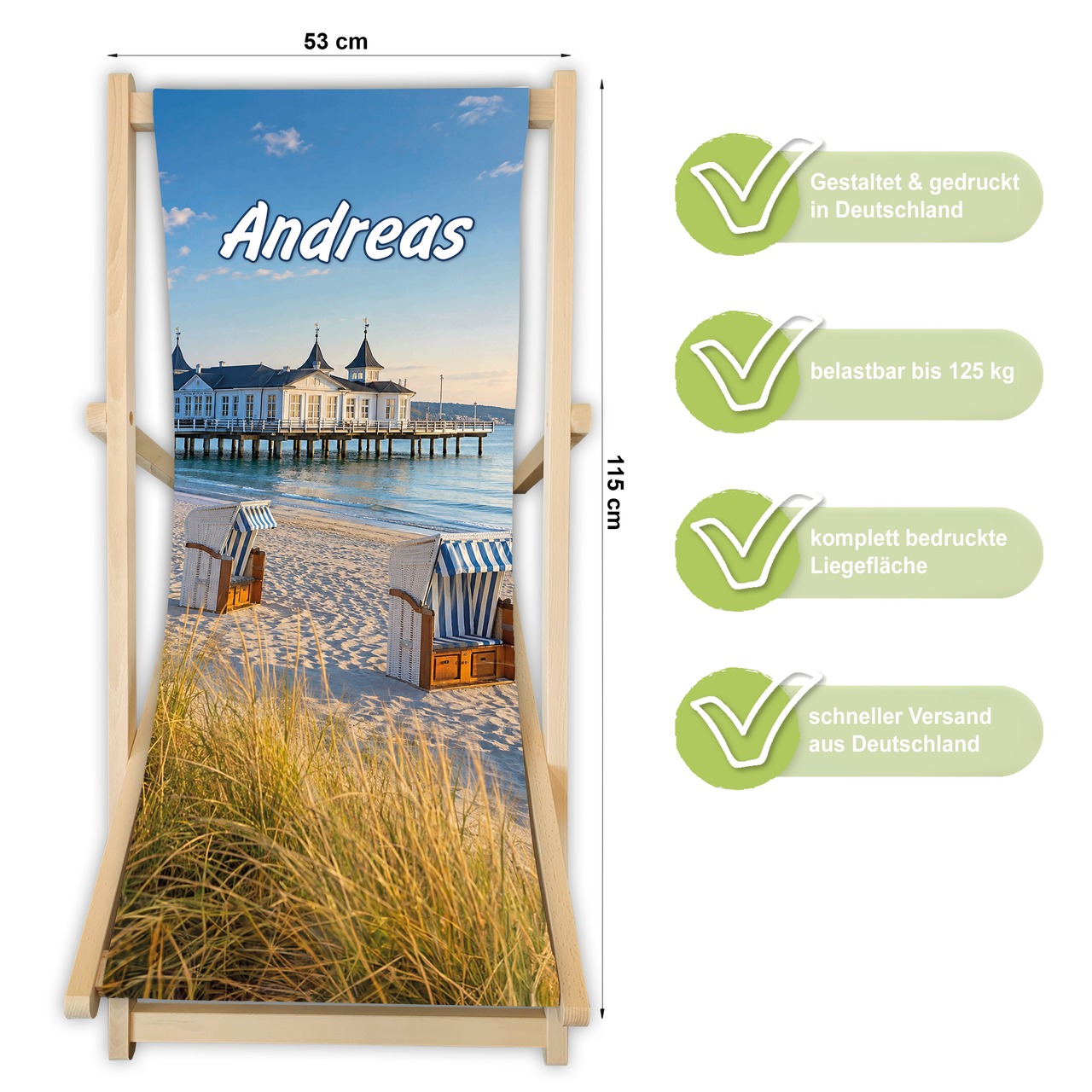 Unikatolo Liegestuhl mit Küstenmotiv und Name personalisiert | Ostsee