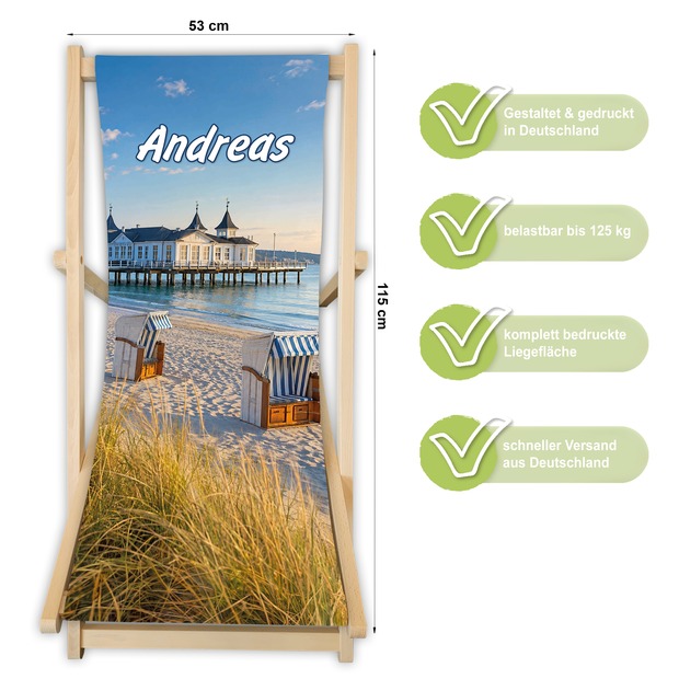 Unikatolo Liegestuhl mit Küstenmotiv und Name personalisiert | Ostsee