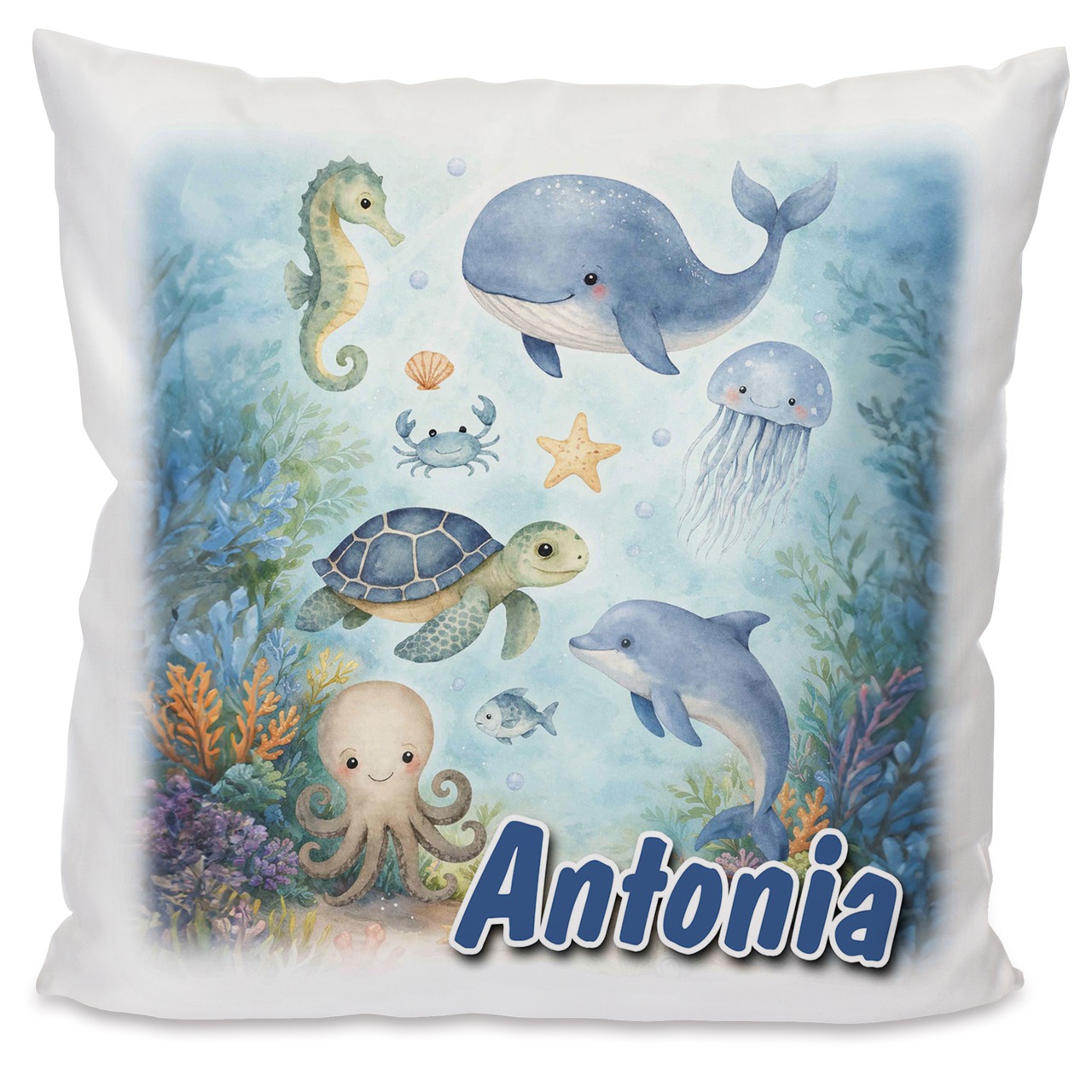 Personalisiertes Kissen mit Unterwasserwelt und Name bedruckt