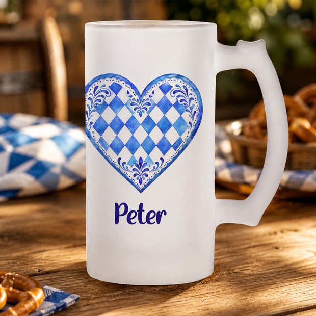 Unikatolo Bierkrug mit Name personalisiert - Herz Bayern blau weiß
