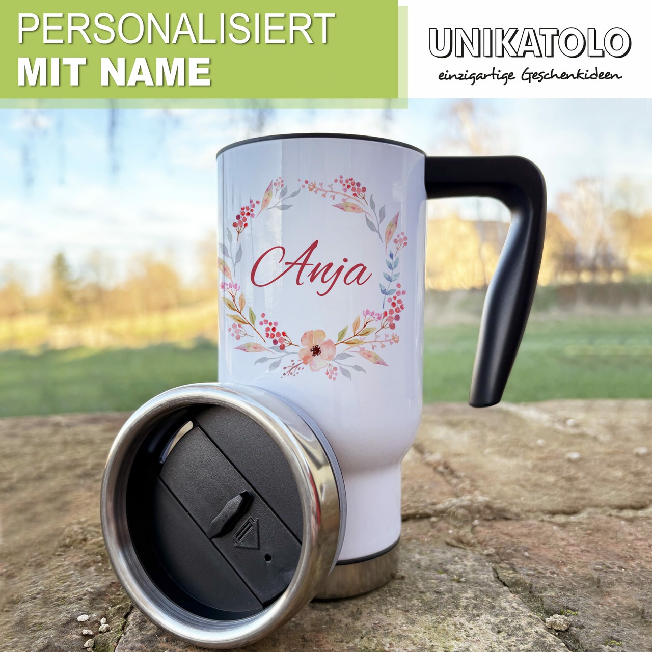 Unikatolo Thermobecher mit Name personalisiert | Blumenranke