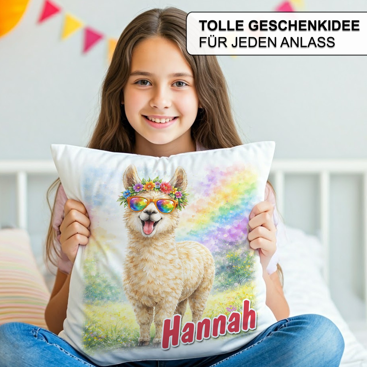 Personalisiertes Kissen mit Alpaka und Name bedruckt