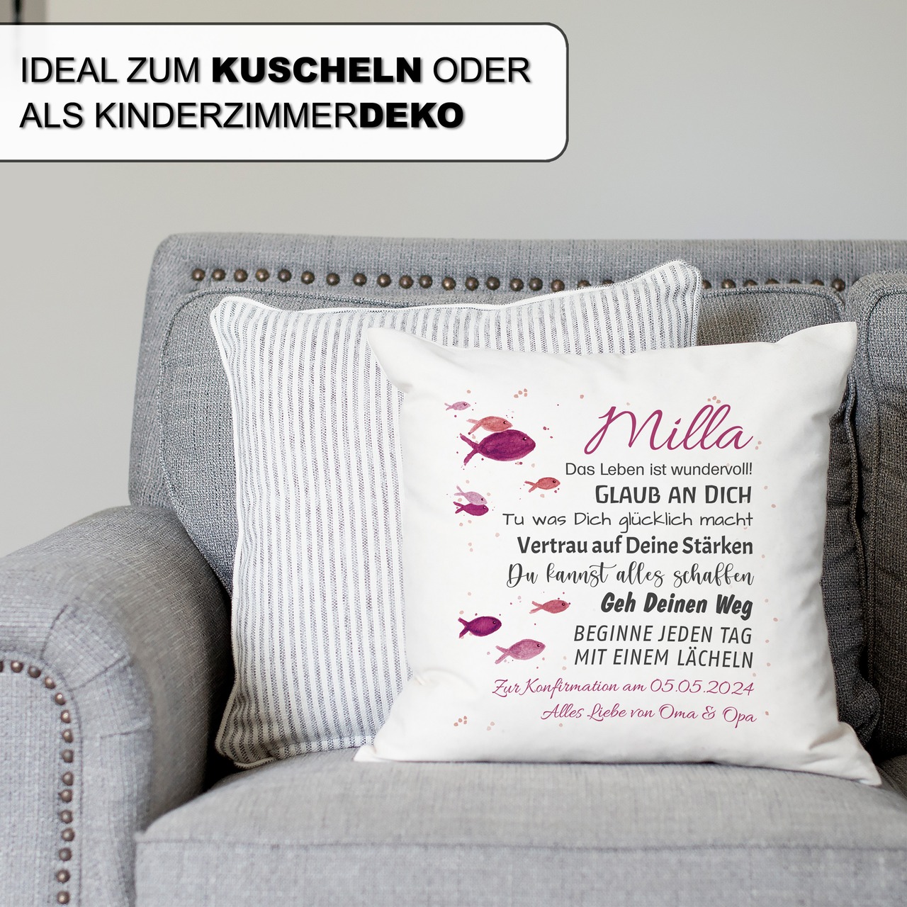 Unikatolo Kissen Konfirmation Jugendweihe PINK mit Name personalisiert