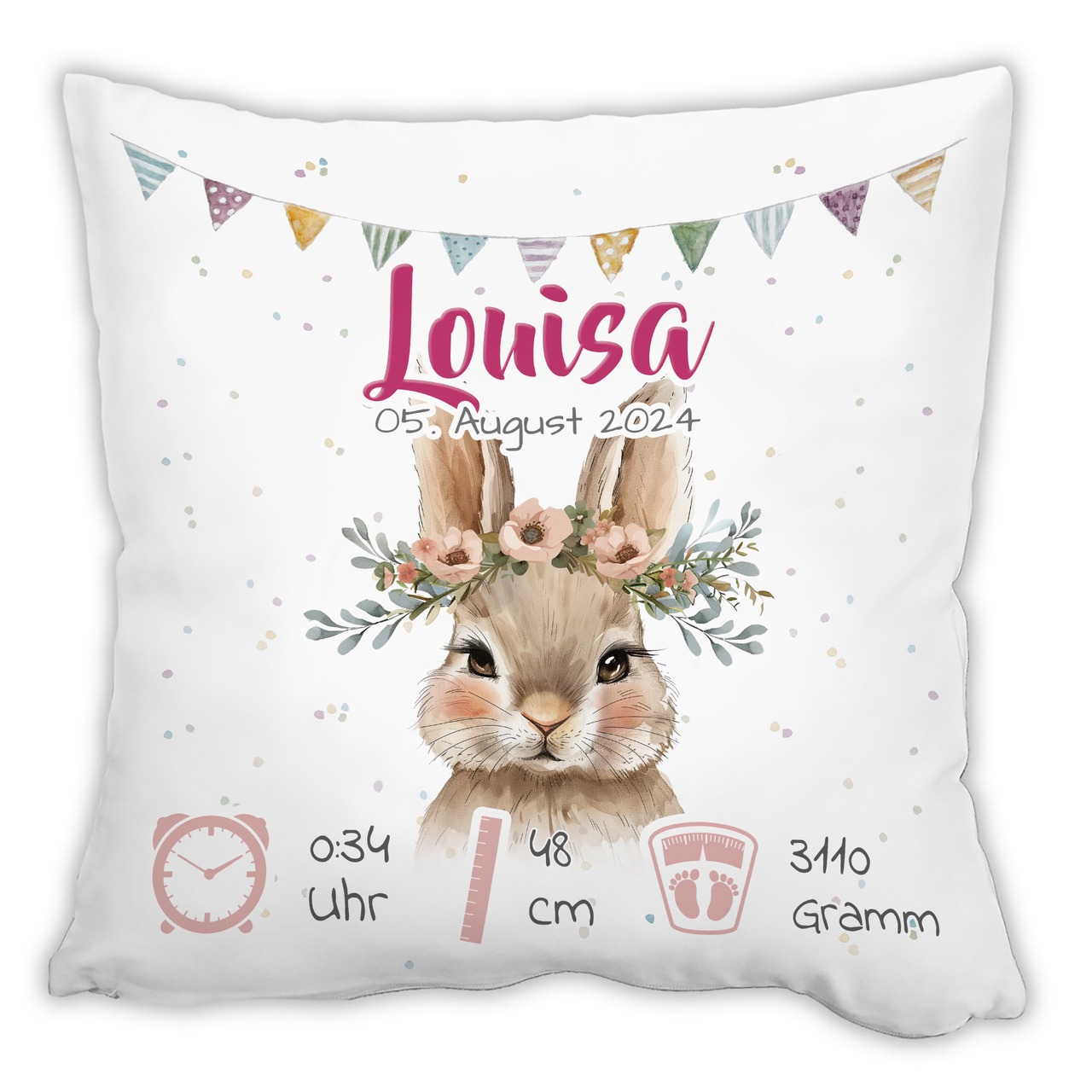 Personalisiertes Kissen zur Geburt mit Geburtsdaten | Hase
