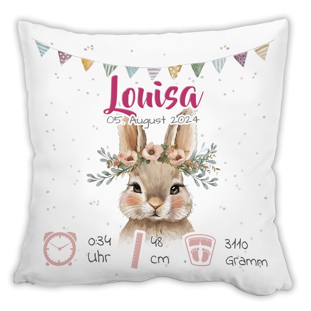 Personalisiertes Kissen zur Geburt mit Geburtsdaten | Hase