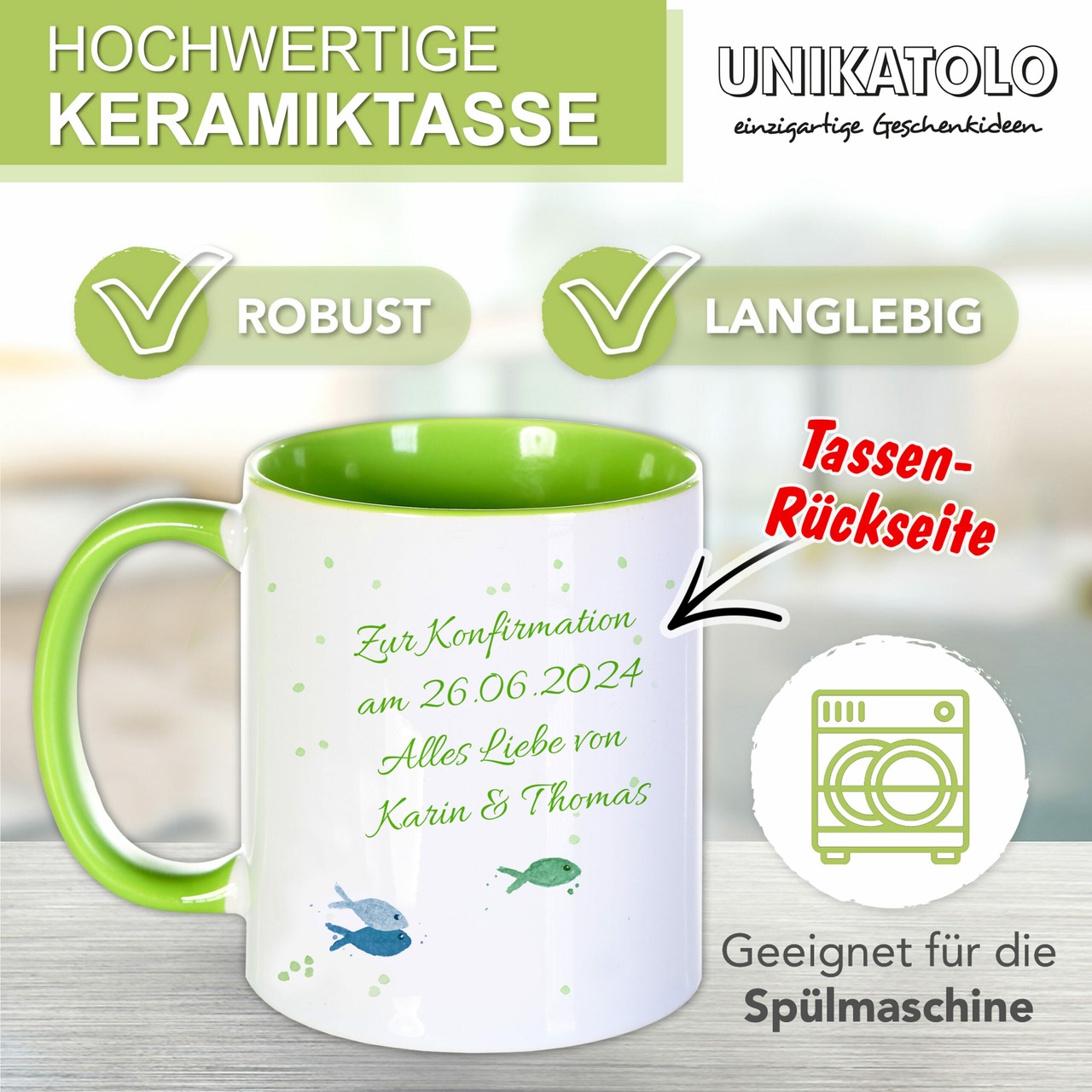 Unikatolo Tasse mit Name personalisiert Konfirmation | GRÜN