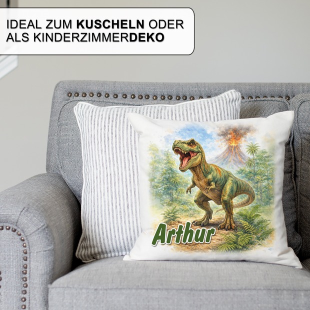 Personalisiertes Kissen mit T-Rex und Name bedruckt