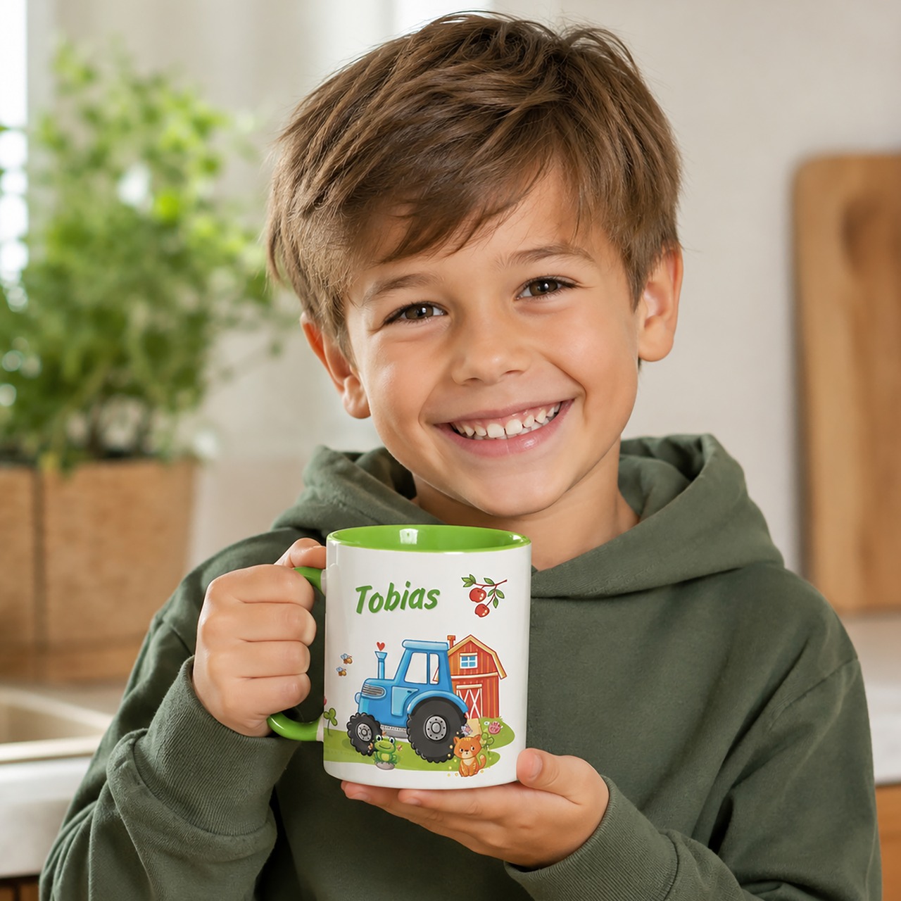 Unikatolo Tasse mit Name personalisiert Kinder Motiv Traktor GRÜN