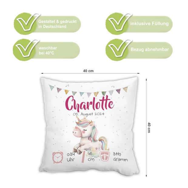 Personalisiertes Kissen zur Geburt mit Geburtsdaten | Einhorn