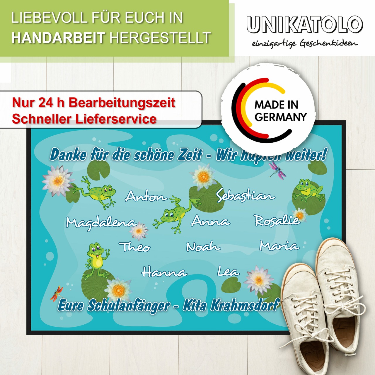 Unikatolo Fußmatte FRÖSCHE Kita Abschied mit Namen