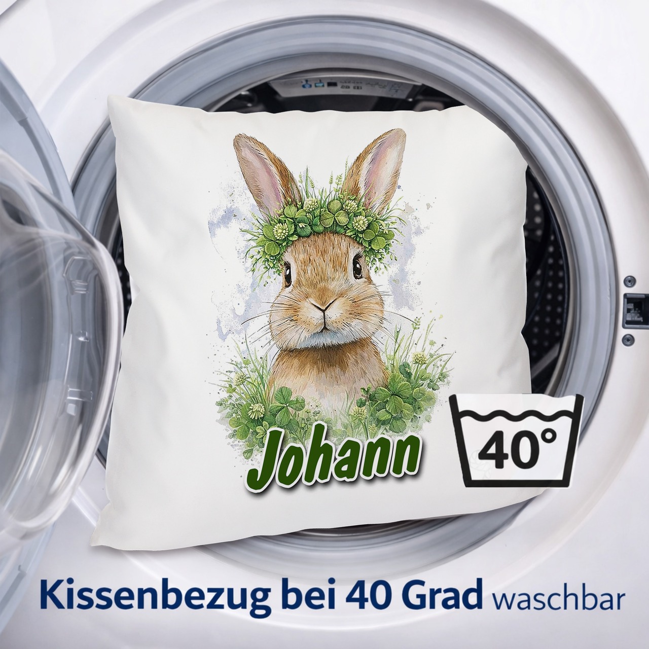 Personalisiertes Kissen mit Hase im Klee und Name bedruckt