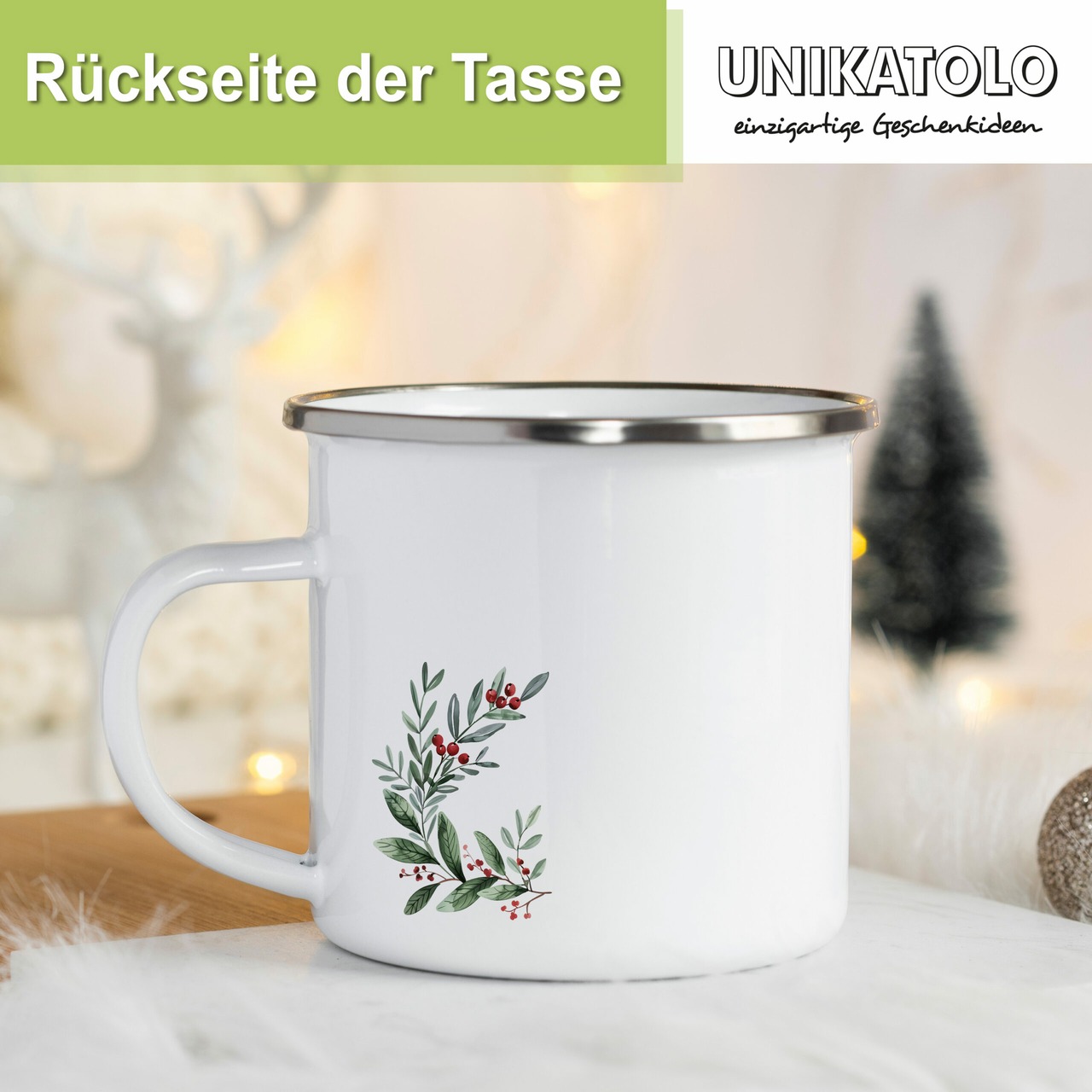 Unikatolo Emailletasse Vogel Winter personalisiert mit Name