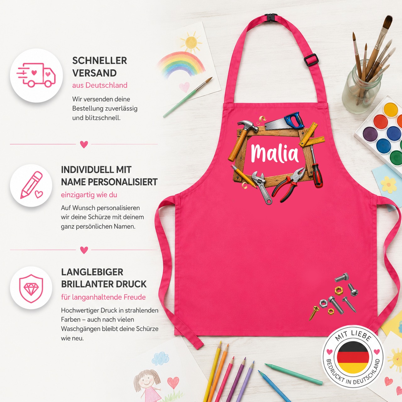 Unikatolo Kinderschürze WERKZEUG mit Name personalisiert | GRÜN