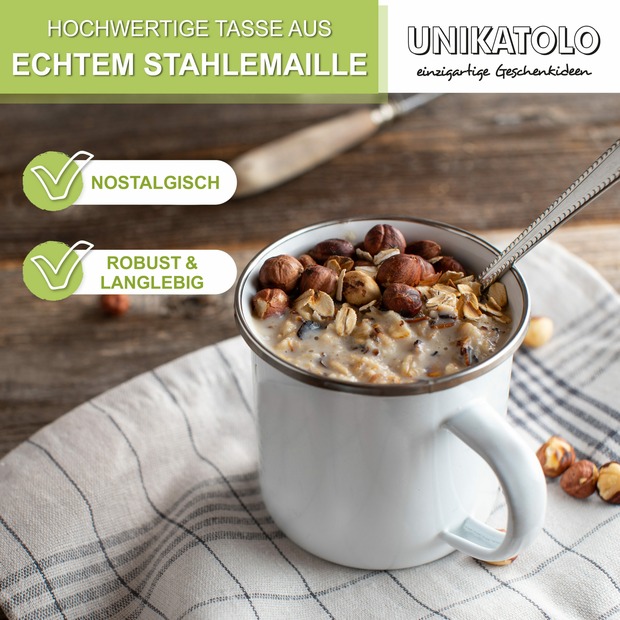 Unikatolo Emailletasse Vogel Winter personalisiert mit Name