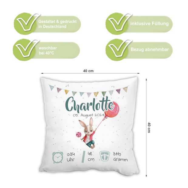 Personalisiertes Kissen zur Geburt mit Geburtsdaten | Luftballon Hase