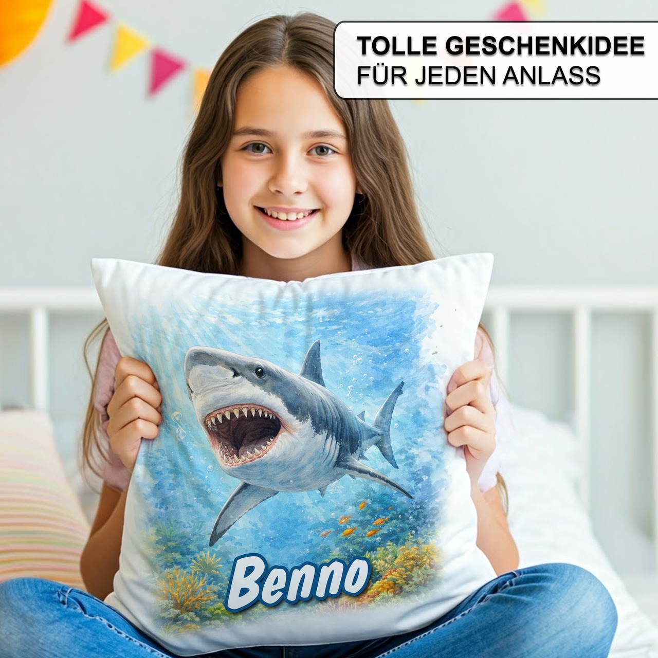 Personalisiertes Kissen mit Hai und Name bedruckt