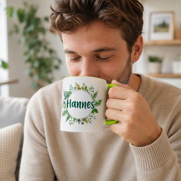 Unikatolo Tasse mit Name personalisiert Motiv Blätterranke Hellgrün