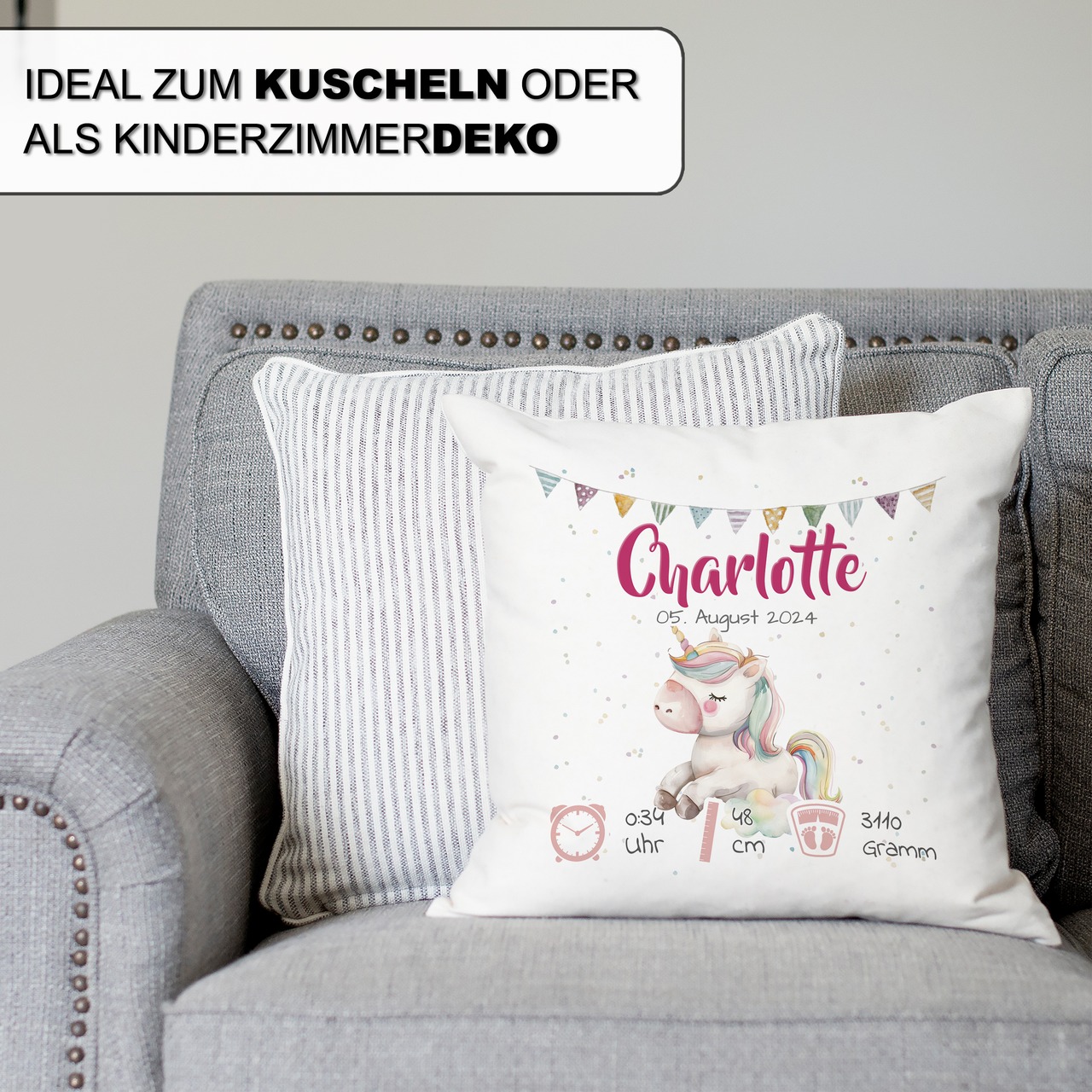 Personalisiertes Kissen zur Geburt mit Geburtsdaten | Einhorn