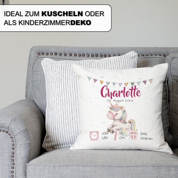 Personalisiertes Kissen zur Geburt mit Geburtsdaten | Einhorn