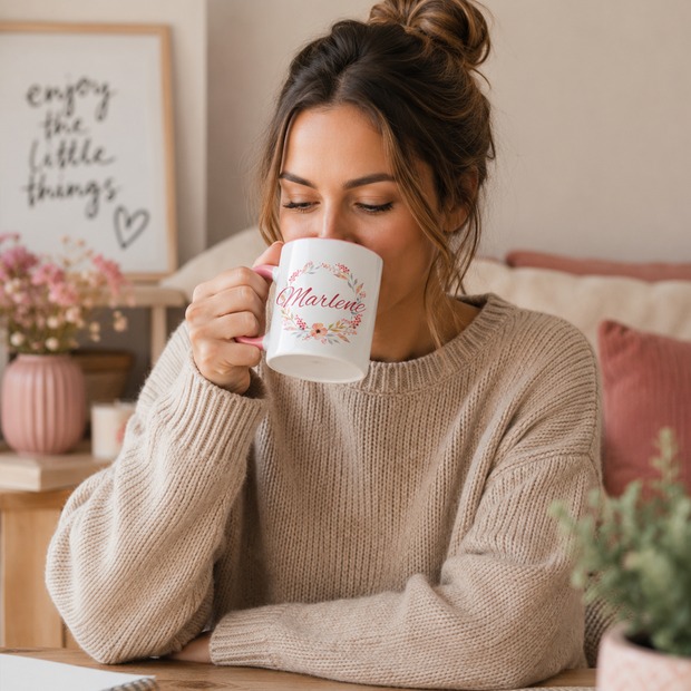 Unikatolo Tasse mit Name personalisiert Motiv Blumenranke ROSA