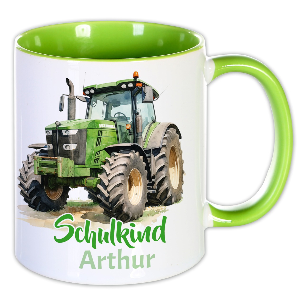 Unikatolo Tasse Schulkind Traktor und Name personalisiert grün
