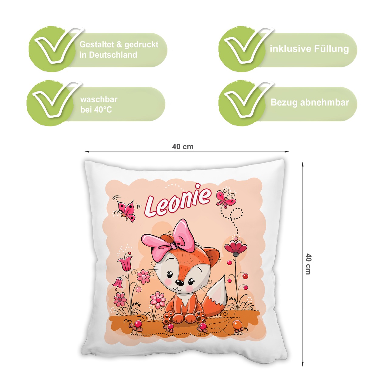 Unikatolo Kissen Motiv Fuchs - Mädchen mit Name personalisiert