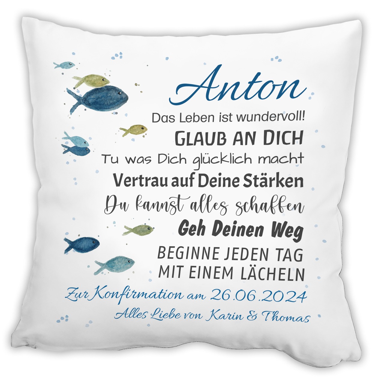 Unikatolo Kissen Konfirmation Jugendweihe BLAU mit Name personalisiert