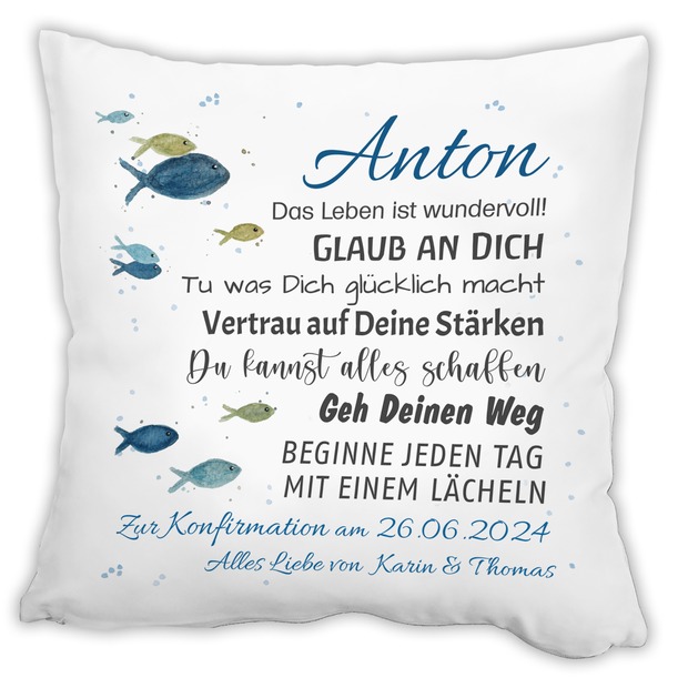 Unikatolo Kissen Konfirmation Jugendweihe BLAU mit Name personalisiert