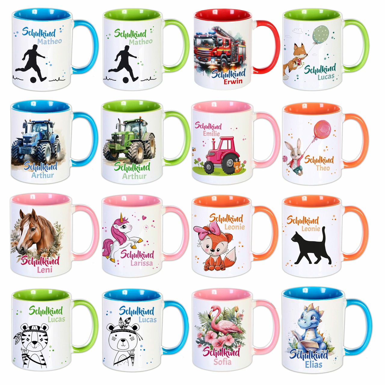 Unikatolo Tasse Schulkind Traktor und Name personalisiert grün