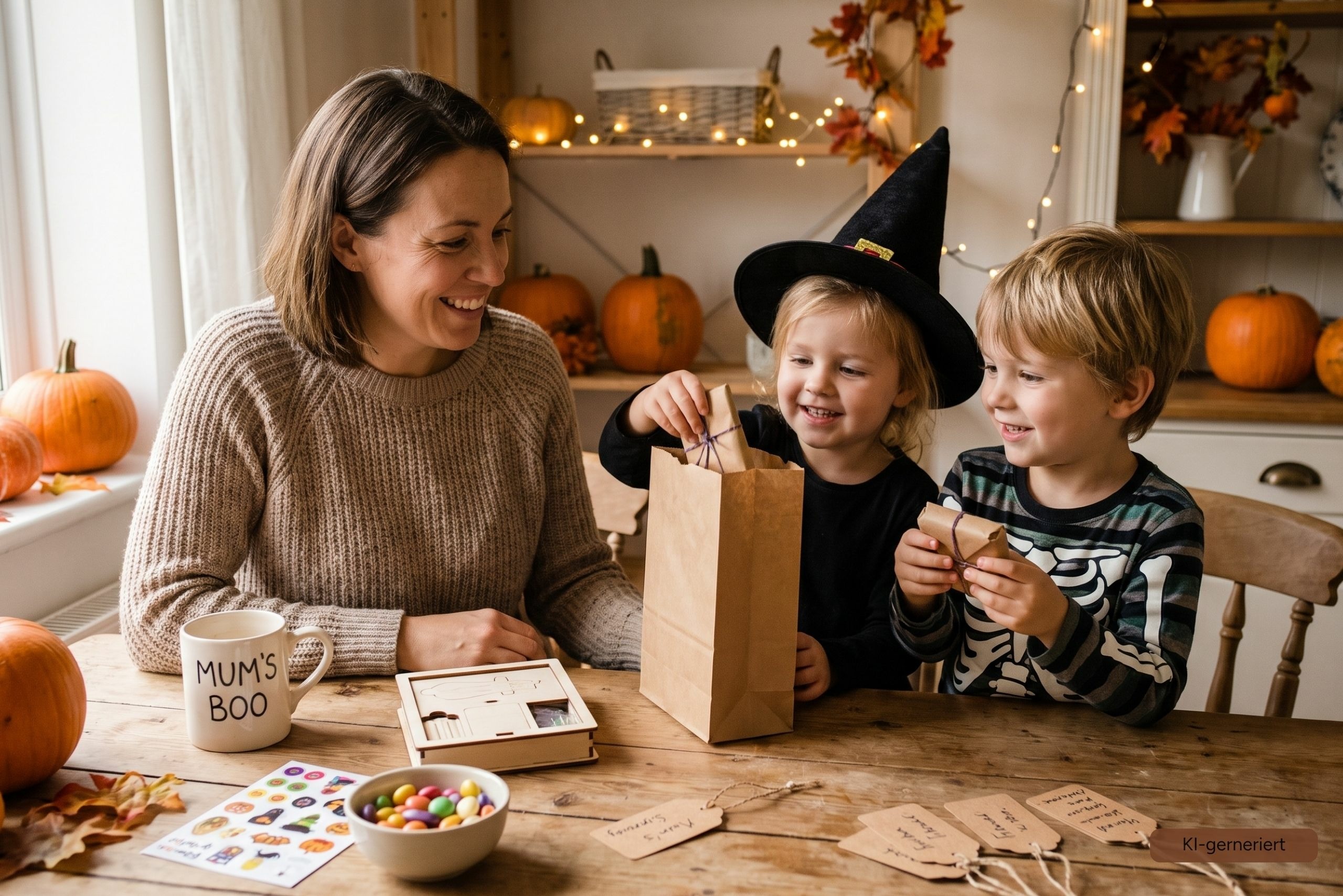 Mutter und Kinder bereiten gemeinsam kleine Halloween Geschenke mit S&uuml;&szlig;igkeiten, Tassen und Gruselt&uuml;ten vor. | &copy;geschenke-personalisiert.de