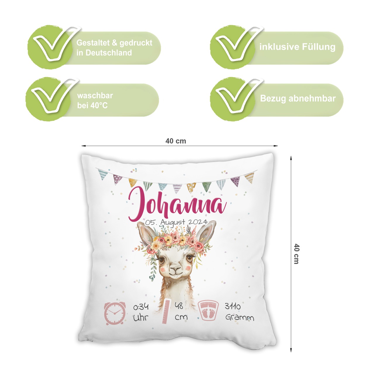 Personalisiertes Kissen zur Geburt mit Geburtsdaten | Alpaka
