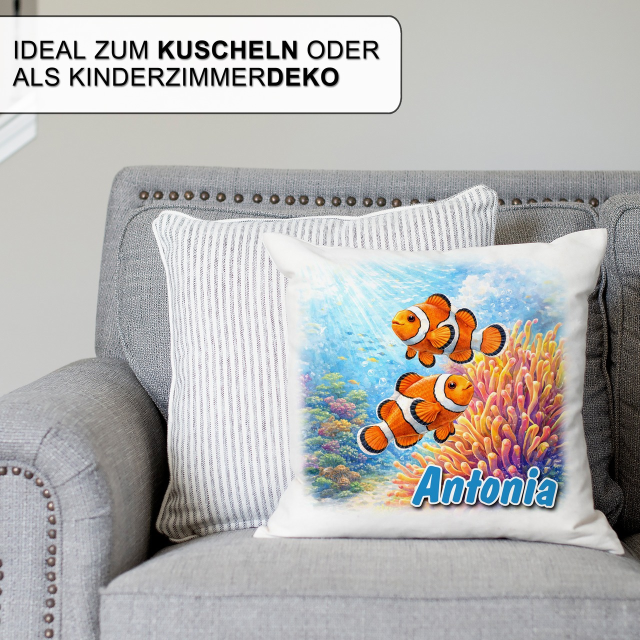 Personalisiertes Kissen mit Fische und Name bedruckt